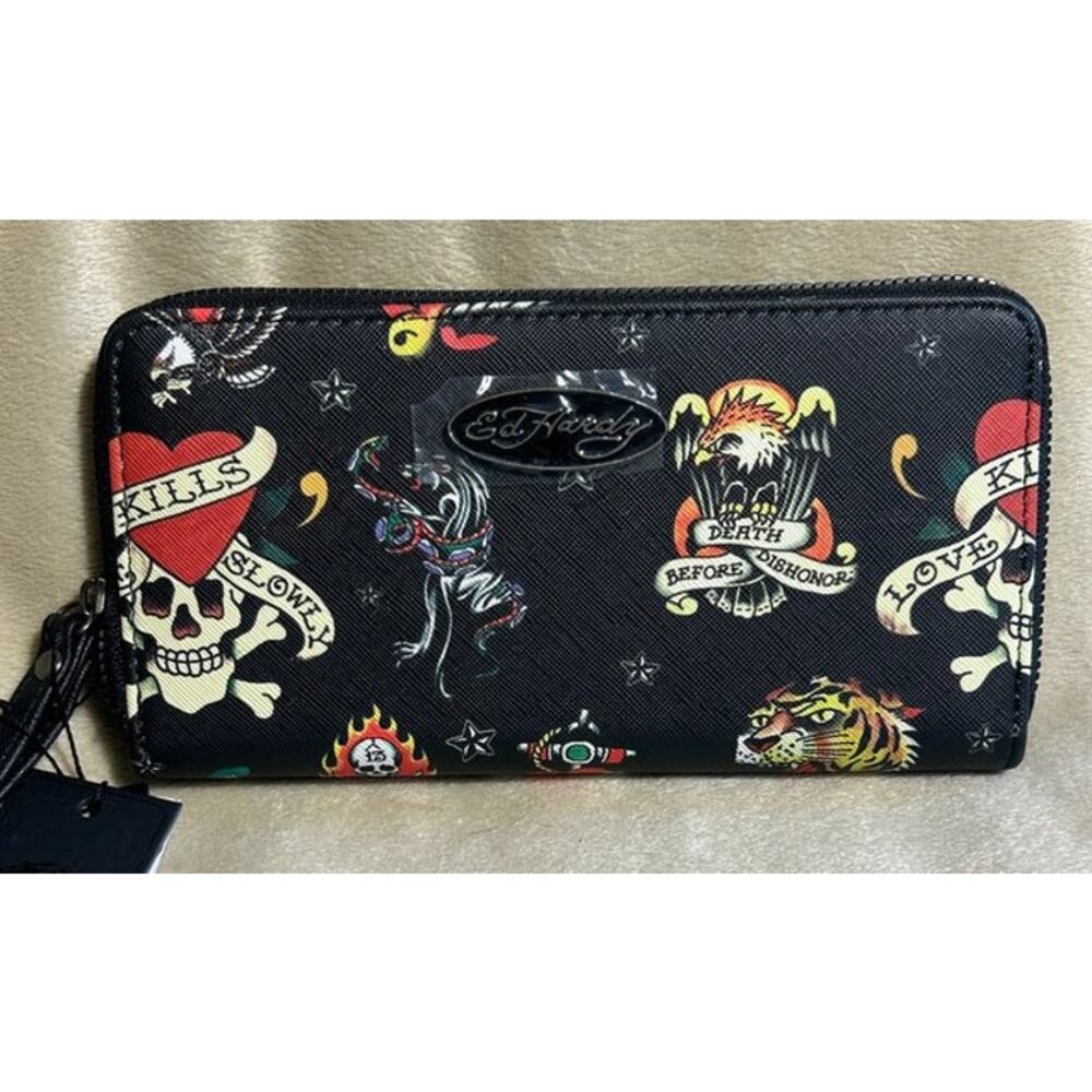 Ed Hardy "Black Tattoo" Vegan Leather Wallet Multi Storage NWT Graphic Wristlet